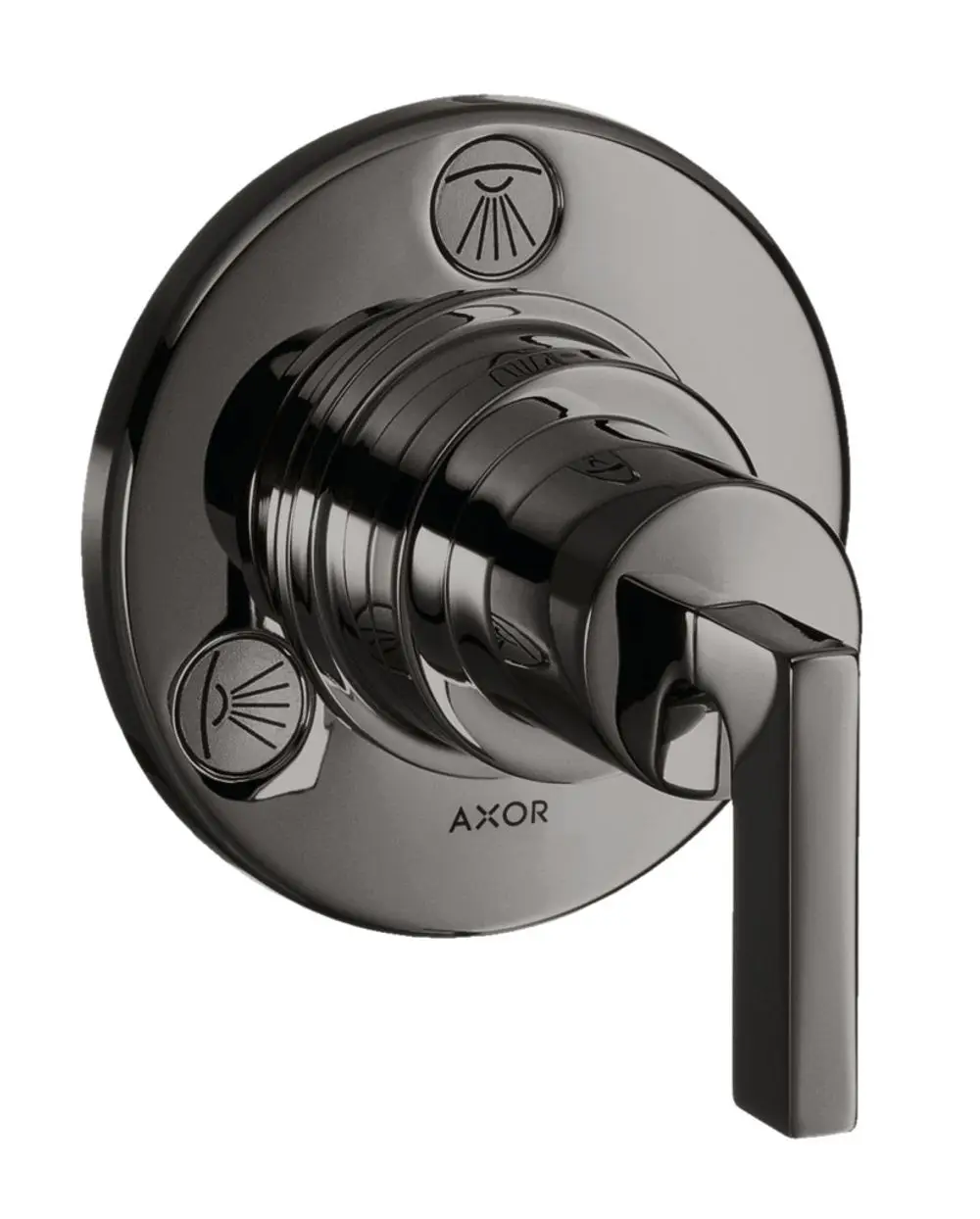 Unterputzventil mit Hebelgriff in Polished Black Chrome, gefertigt von AXOR. Enthält Symbole für unterschiedliche Wassermengen oder Temperaturen.
